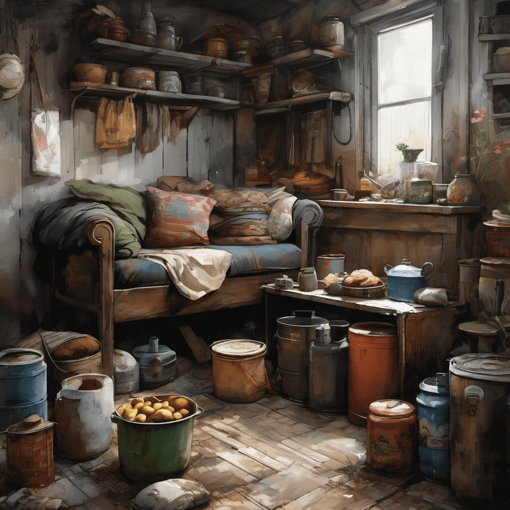AI generated: post-apocalyptic atmosphere, gloomy, dark, In the gloomy light tinned food piled in a corner, bowls ...