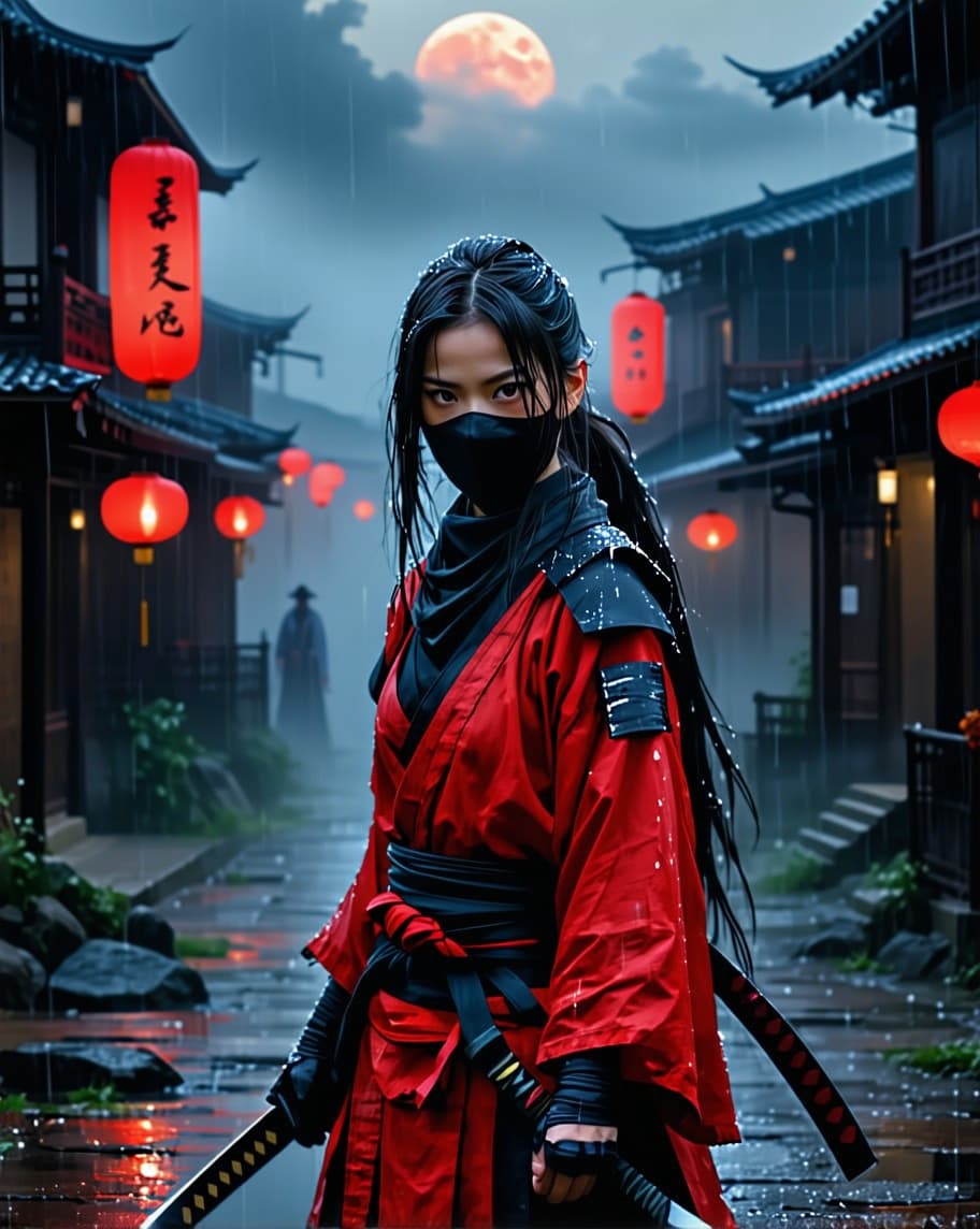 AI generated: a female assassin ninja in red and black ninja outfit, at night, black and red buildings , dark fogg...