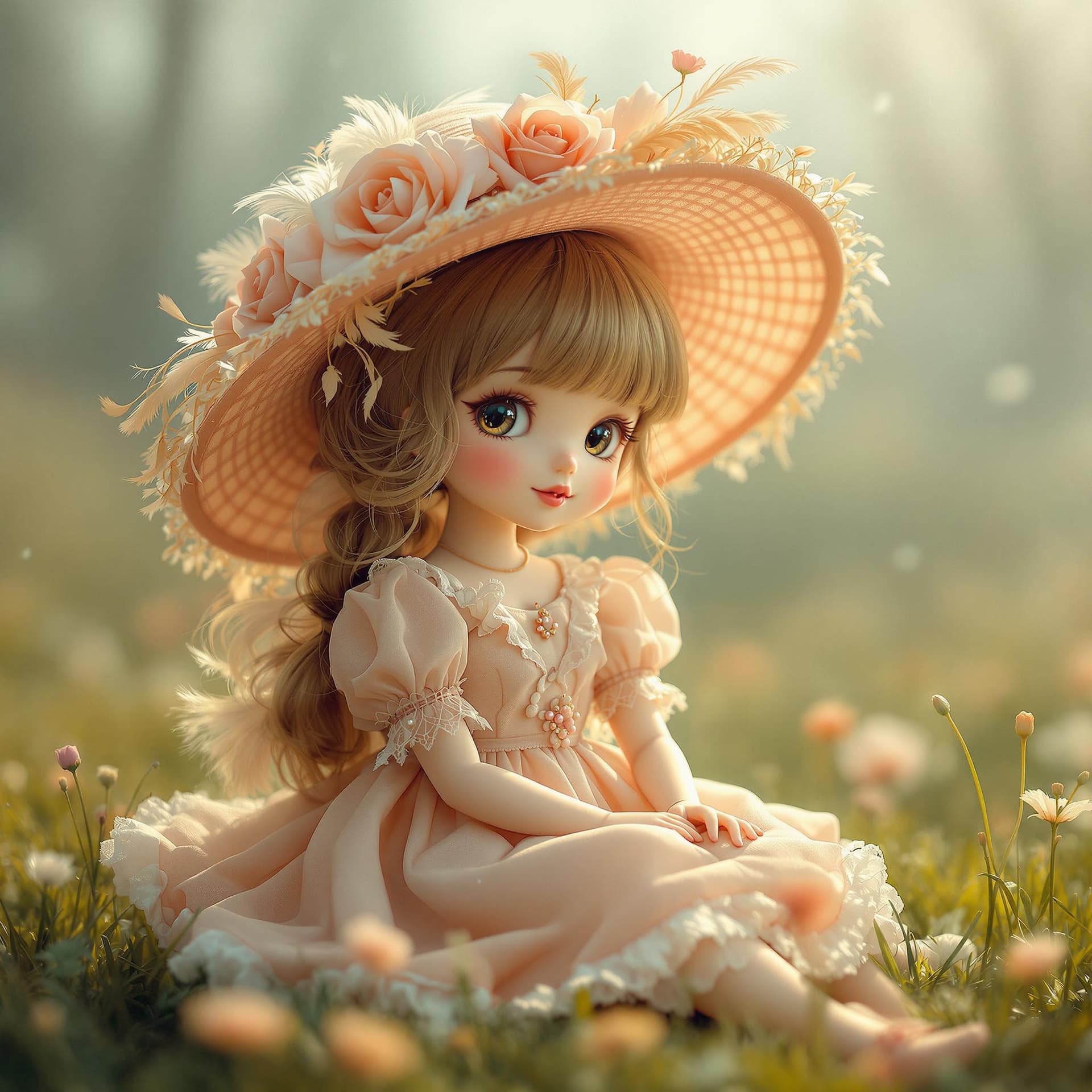 AI generated: A charming doll dressed in an elegant hat adorned with feathers and roses, wearing a flowing dress, ...