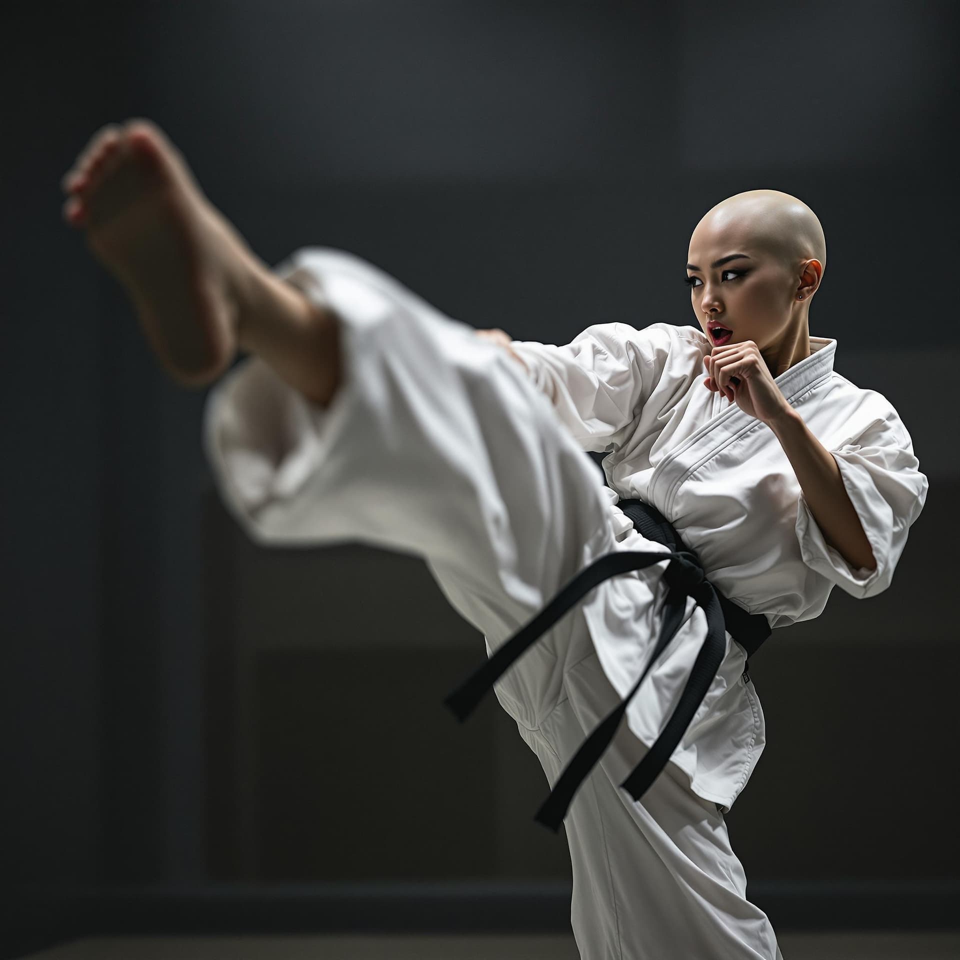 AI generated: Full body view of a beautiful bald, hairless Korean woman delivering a dynamic karate kick in a diml...