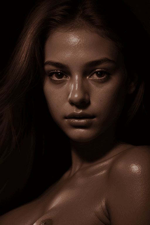 AI generated: closeup of a girl's face, dimly lit, topless, sultry look