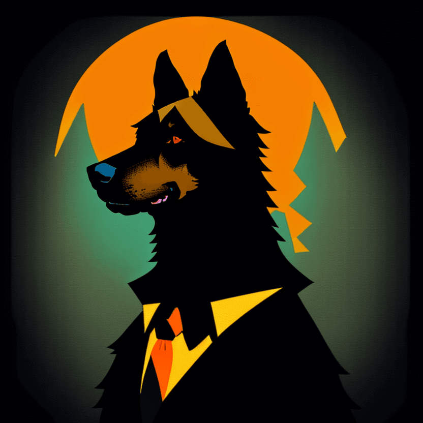AI generated: illustration of a gentleman german shepherd dog, in the style of 2D game art, cyan and orange, 32k u...