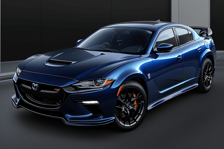 AI generated: Full front-lateral view of A realistic dark metallic blue RX8 Mazda mixed with the 2020 dodge charge...