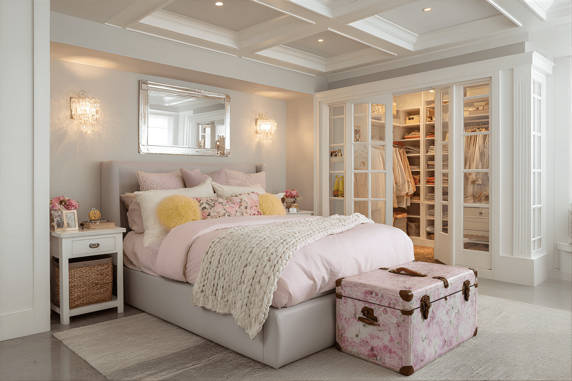 AI generated: photography, bedroom design featuring a bed with storage drawers, large mirror, and decorative sconc...