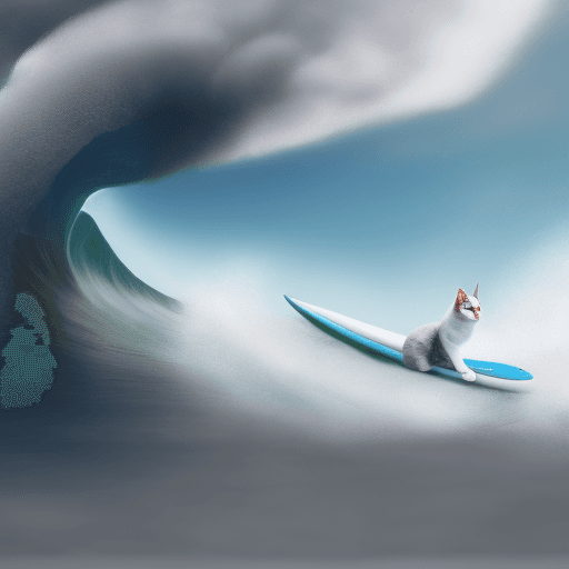 AI generated: a photorealistic image of a grey and white cat surfing a wave made out of clouds
