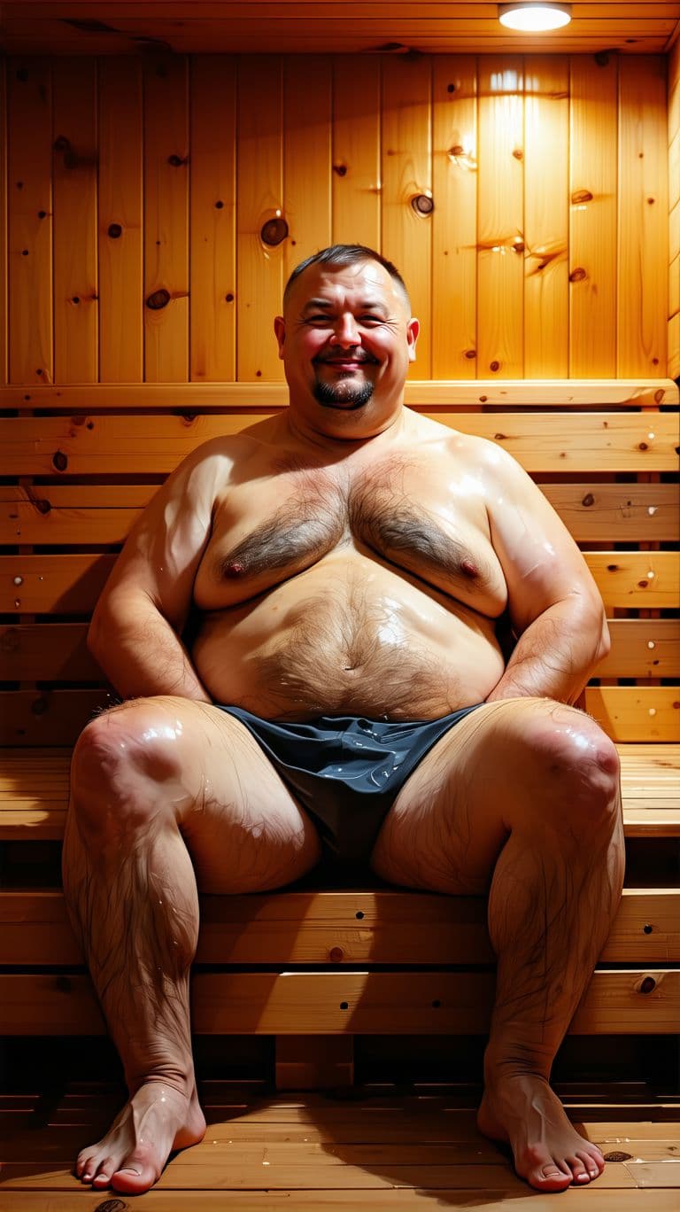 AI generated: Russian man, in his 40s, brutal, sitting, spread legs, full height, bulky frame, daddy belly, in a s...