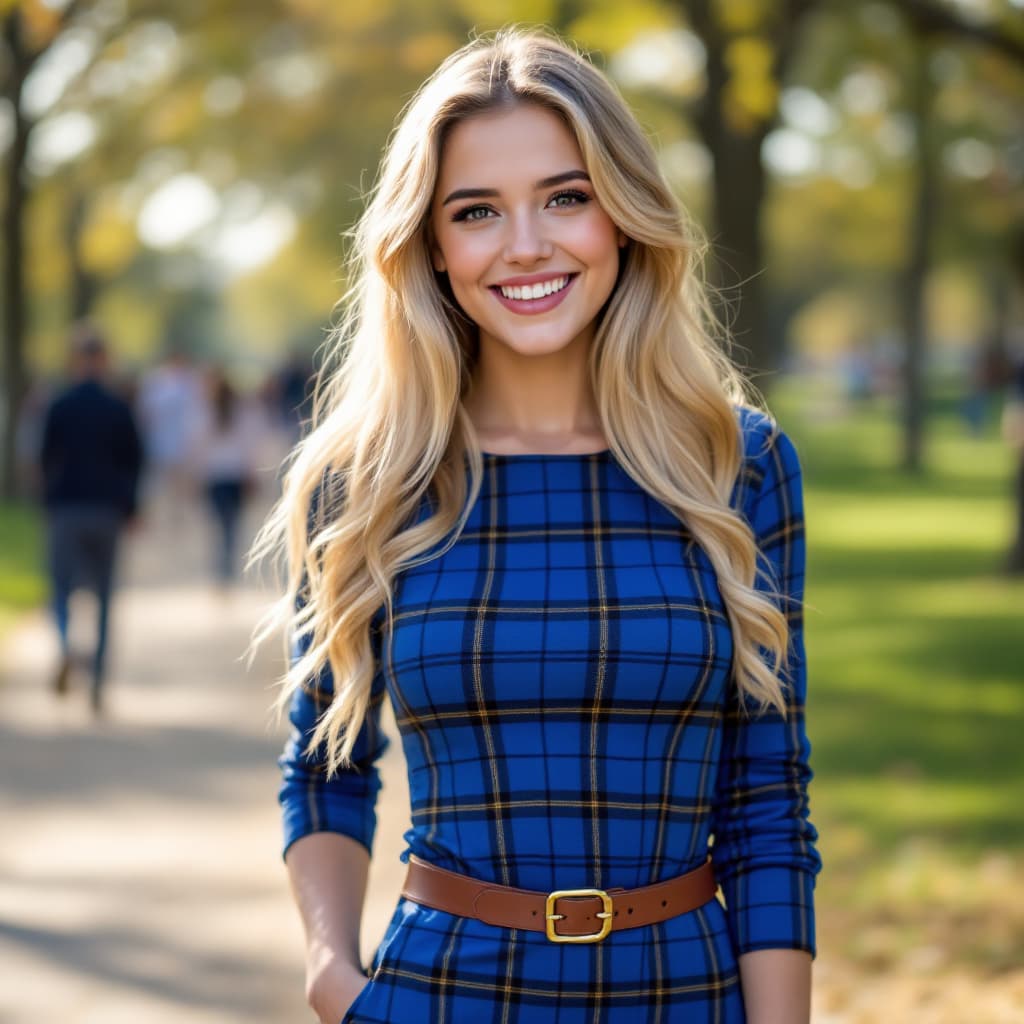 AI generated: 21 year-old Emily Osment . Long blonde hair. Big smile. Wearing a blue plaid bodycon dress, belt. At...