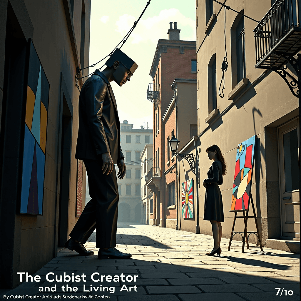 AI generated: The Cubist Creator and the Living Art - 7 of 10: From a shadowy alleyway in the surreal, cubist-infl...