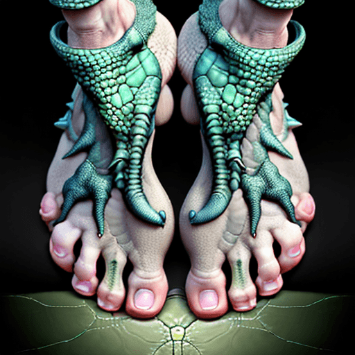 AI generated: a human foot similar to a dinosaur's foot with reptile claws instead of human nails. Place respitili...