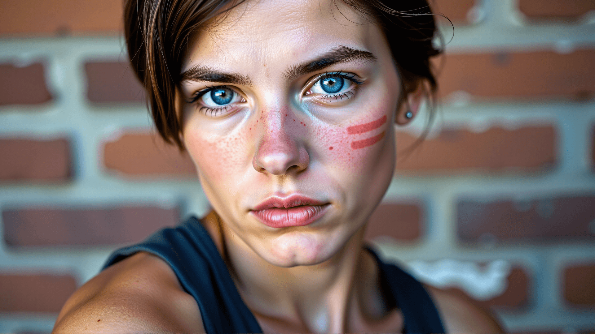 AI generated: Photostil: High-Contrast, Cinematic Realism mit einer gealterten Textur. Eine Nahaufnahme des Gesich...