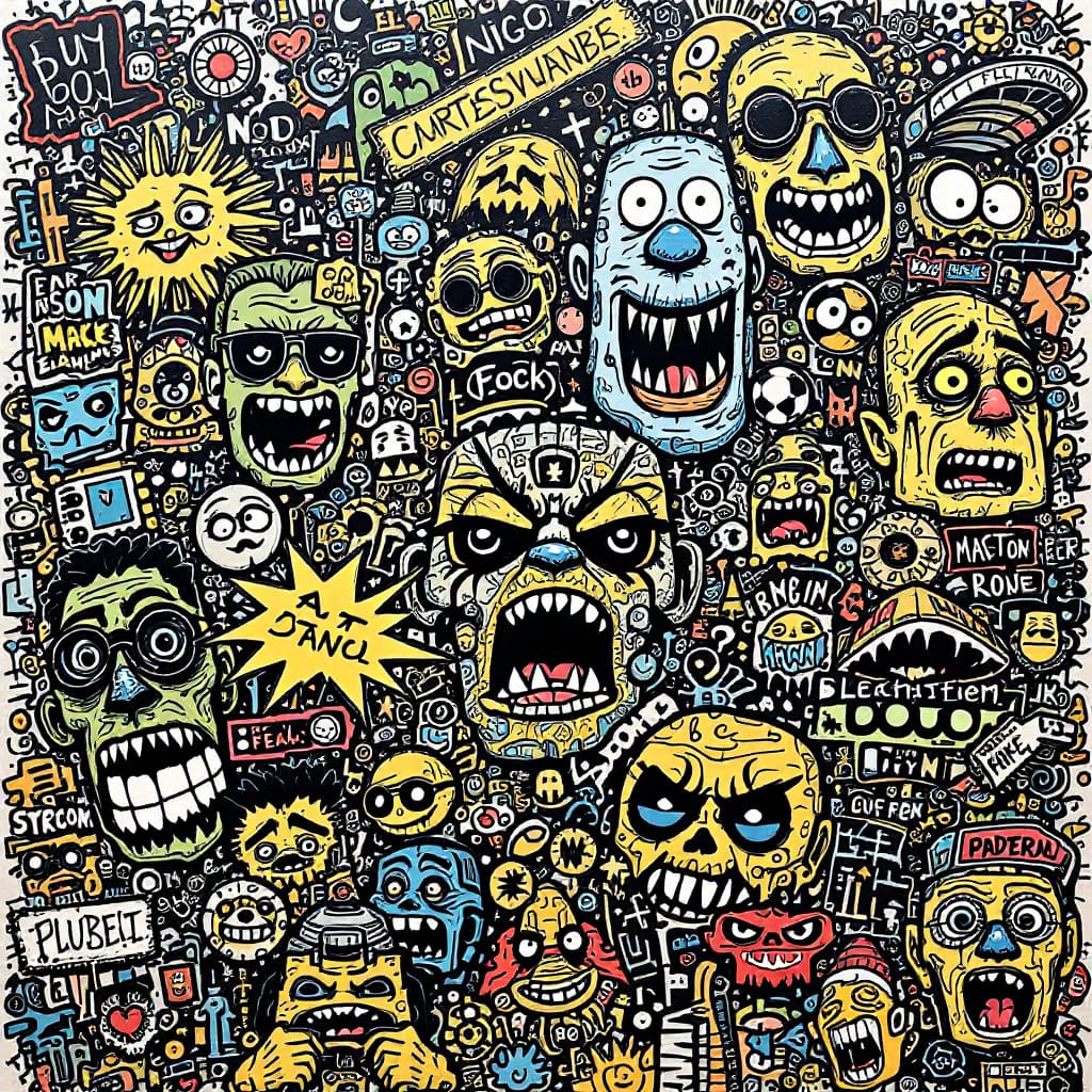 AI generated: An cluster of intricate graffiti-style poster featuring various elements, such as cartoon characters...