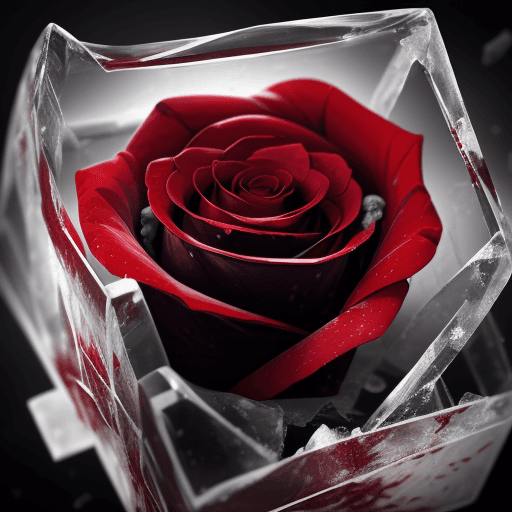 AI generated: close-up photo of a beautiful red rose breaking through a cube made of ice , splintered cracked ice ...