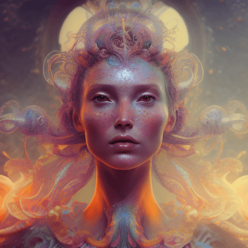 AI generated: Goddess close-up portrait ribcagel. jellyfish phoenix head, nautilus, orchid, skull, betta fish, bio...