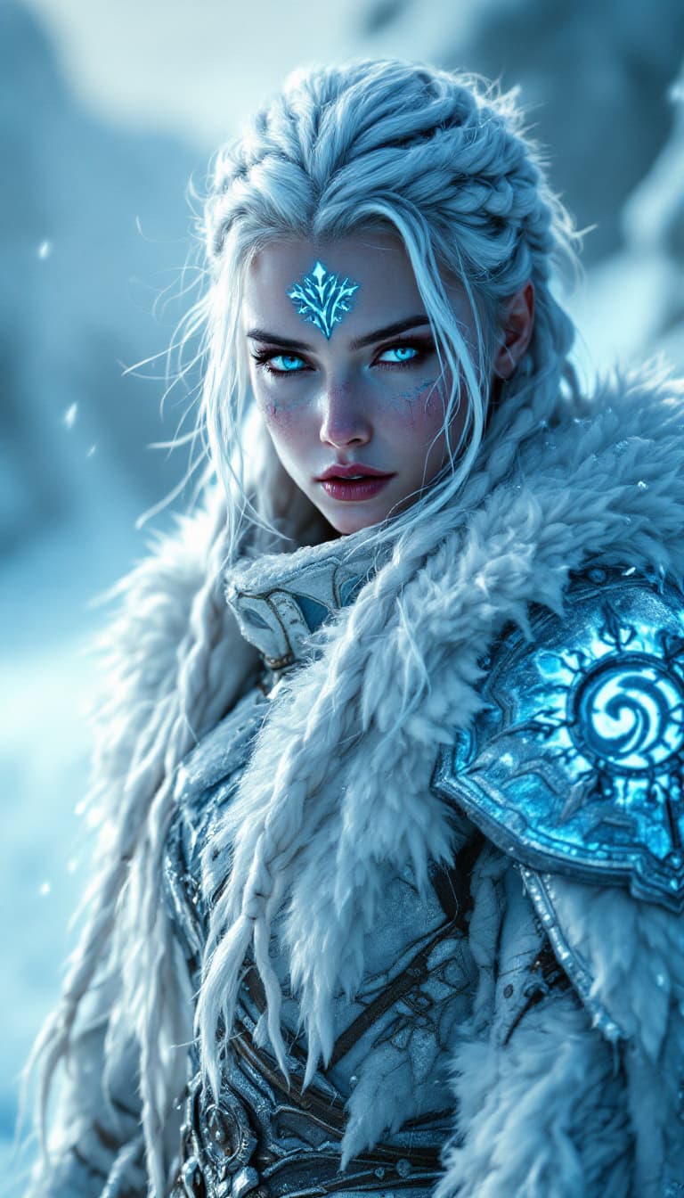 AI generated: A cinematic digital artwork featuring a resilient, female frost warrior in a resolute yet weary, bat...