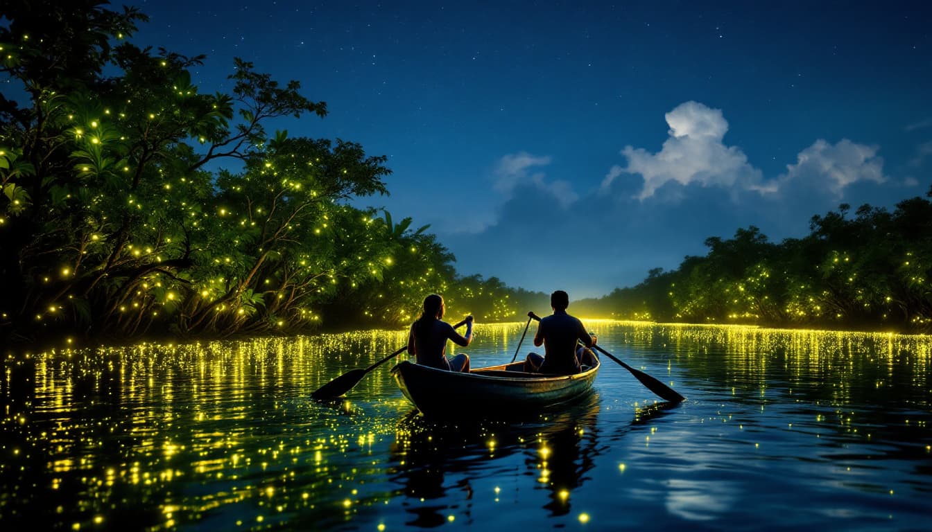 AI generated: A rowing boat by standing double oars boatman with a couple tourist sit in-front of the boatman, sho...