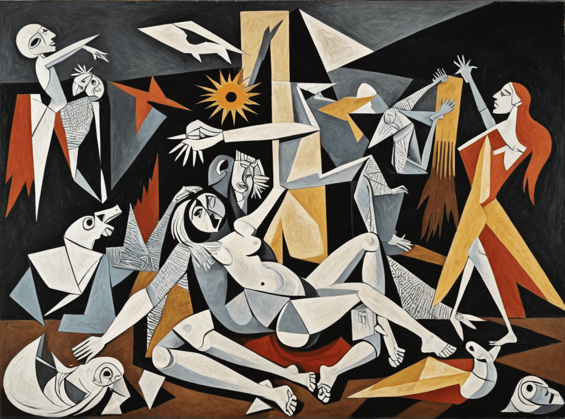 AI generated: a new interpretation of Picasso's "Guernica," reimagined in the dramatic and masterful style of Paul...