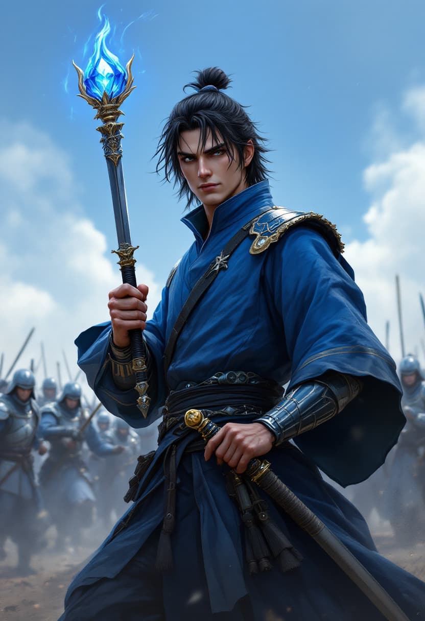 AI generated: Book cover-quality battle scene, a few Japanese style samurai are fighting a soldiers in blue-grey m...