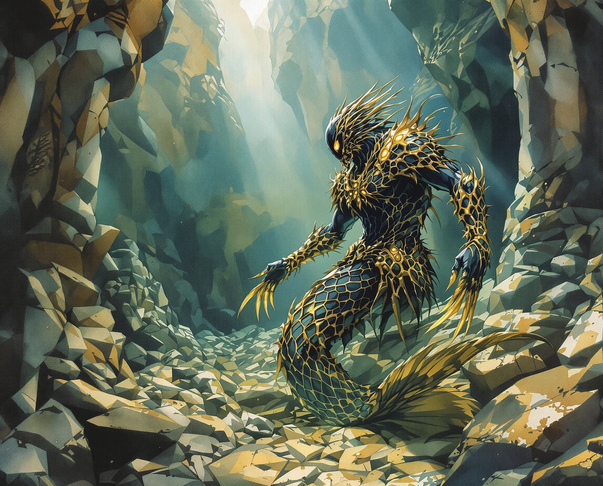 AI generated: Image is a cinematic, moody watercolor ink wash illustration featuring, underwater, verdigris, The o...