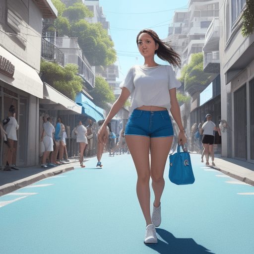 AI generated: The image features a woman walking down a street, wearing a white shirt and blue shorts. She is the ...