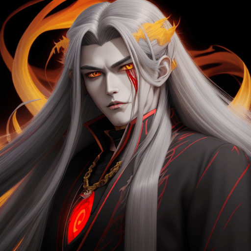 AI generated: a woman with long hair and yellow eyes, handsome male vampire, he has dark grey hairs, with red glow...