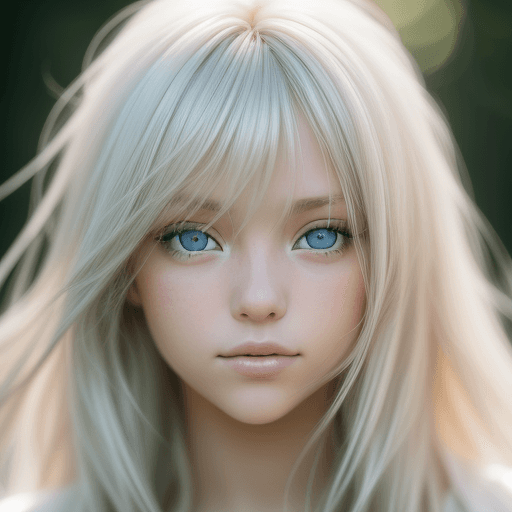 AI generated: photo featuring a girl model, blondy color hair, 300mm f/5. 8, light silver and white, optical, soft...