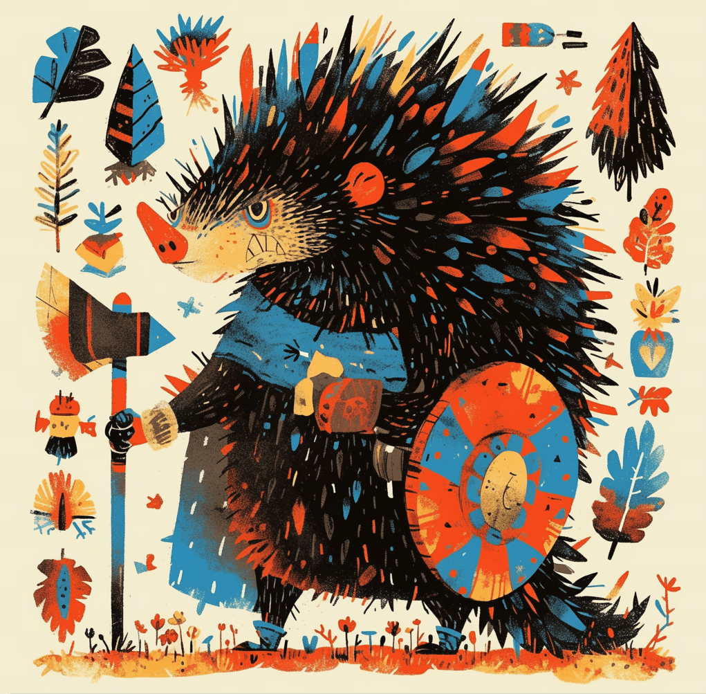 AI generated: A cartoonish and whimsical design,Stupid porcupine with axe and shield,vivid colors, and inked lines