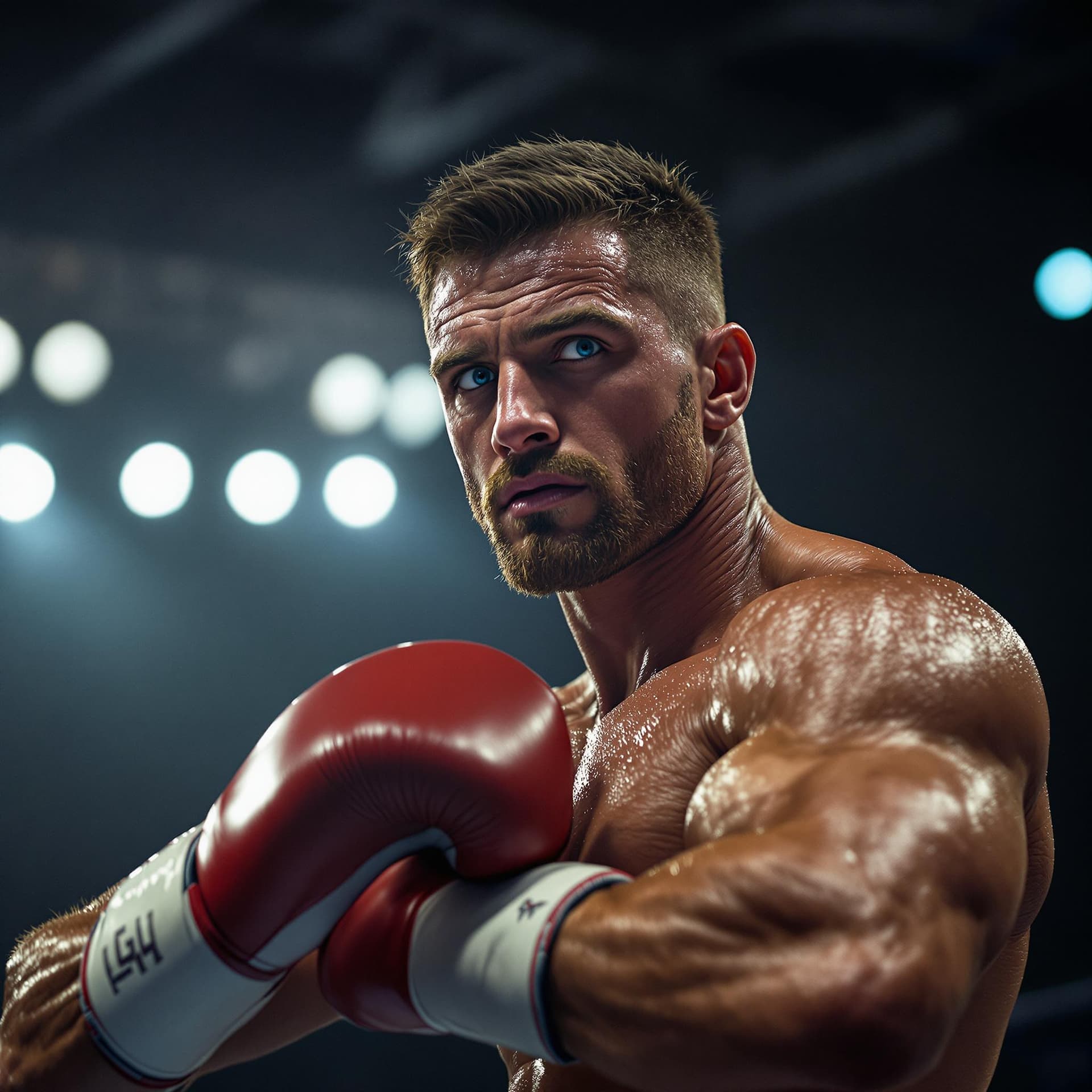 AI generated: photograph,a muscular boxer in the ring flexes his chiseled biceps, sweat glistening under the brigh...