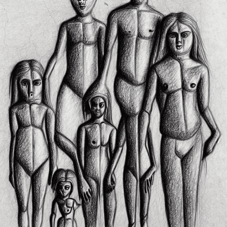 AI generated: Ancient family, pencil drawing, very badly designed, drawing made by a madman, iconcluente design, v...
