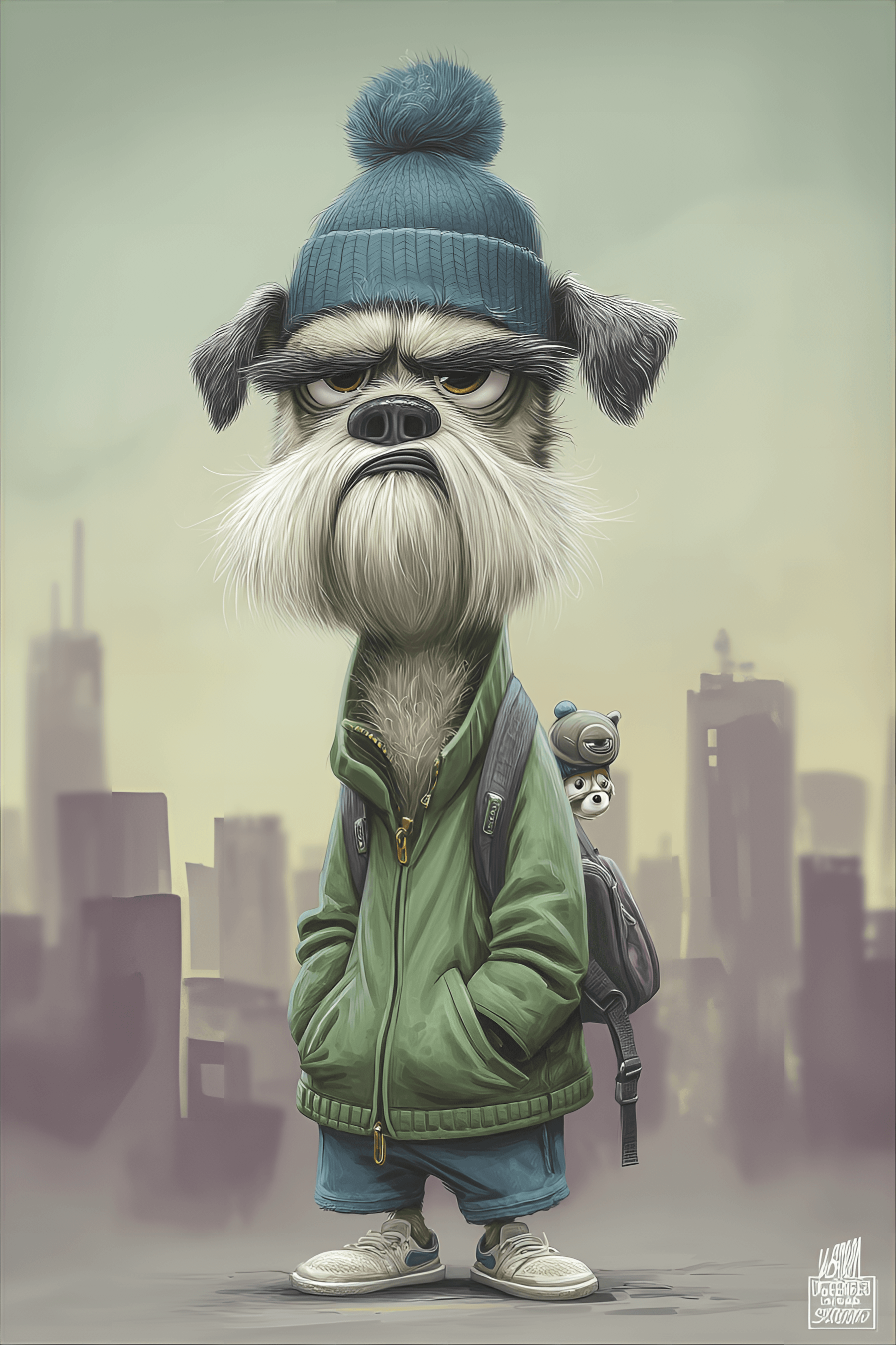 AI generated: funny caricature, grumpy urban dog, male, 7 years old, scruffy, streetwise, annoyed, small dog with ...