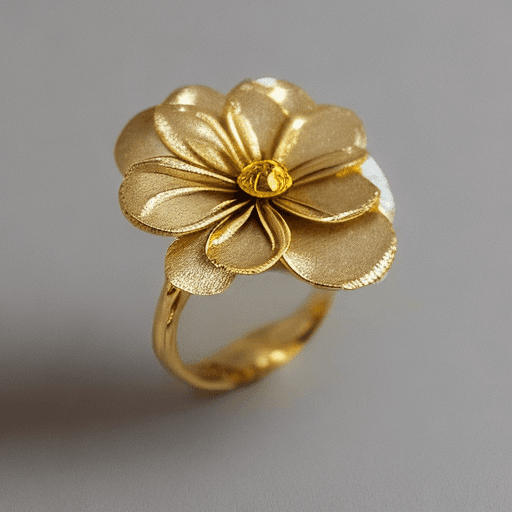 AI generated: Create a handcrafted ring with a detailed floral design. Style3D in 18k yellow gold. Its design is c...