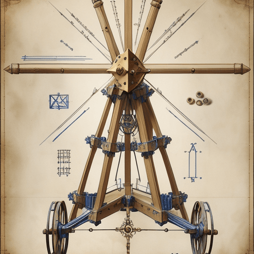 AI generated: Medieval trebuchet sketch blueprint, 6 wheels, wooden structure configuration, rivet decoration, met...