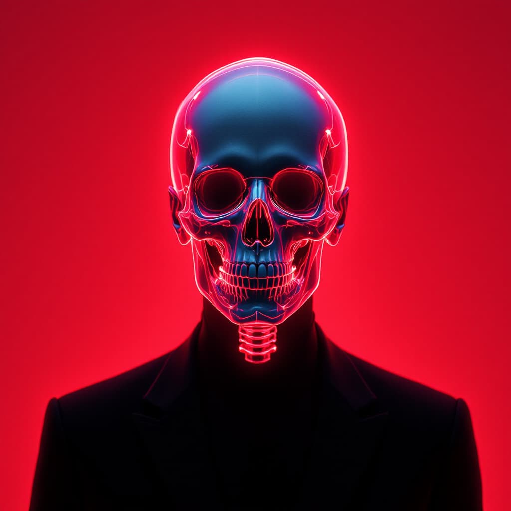 AI generated: futuristic surrealism, front portrait of a man, upper body, transparent skin revealing his skull, gl...