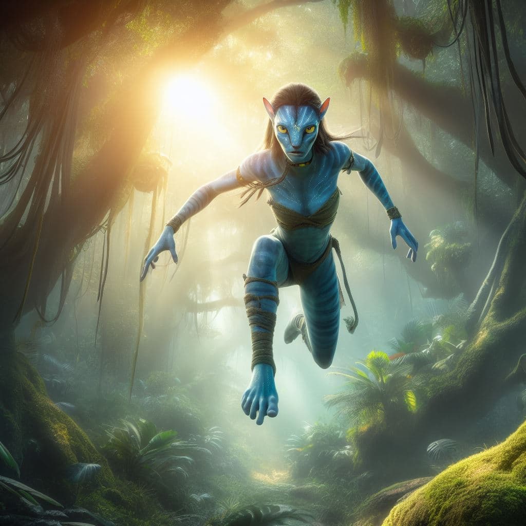 AI generated: A fierce Na'Vi warrior in Pandora forest, leaping through the trees, sun filtering through the leave...