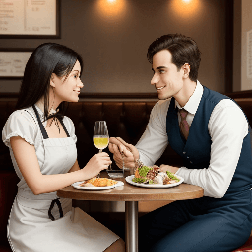 AI generated: A couple sitting next to the restaurant table and the waiter is ready to serve, A couple sitting nex...