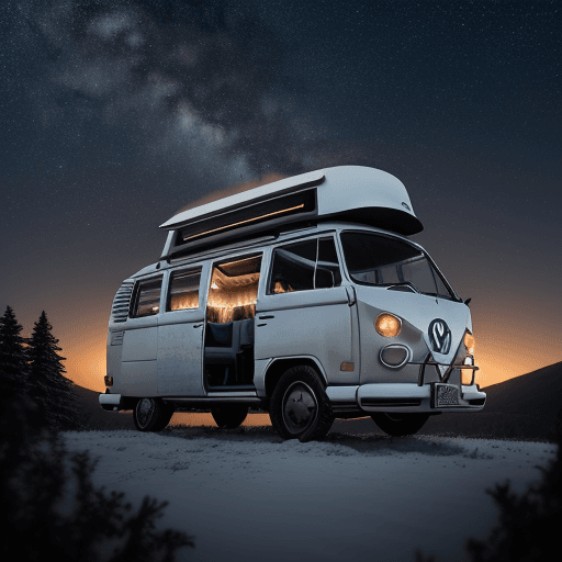 AI generated: RAW photo of a white VW BUS on top of a hill. there are 4 humans inside of the bus. a beautiful burn...