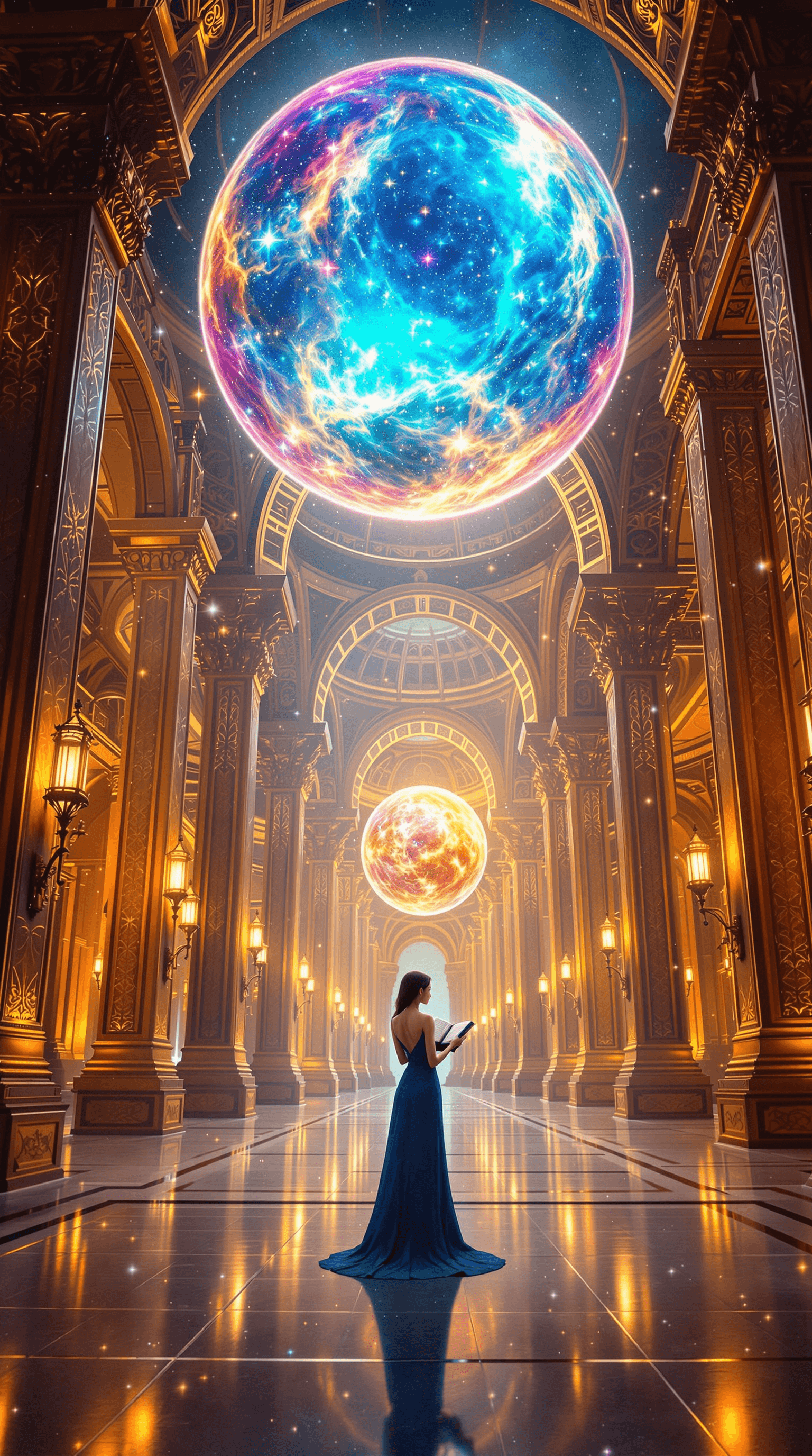 AI generated: (Ultra-high resolution, Hyper-detailed, Majestic celestial library:1.5) a breathtaking fantasy inter...