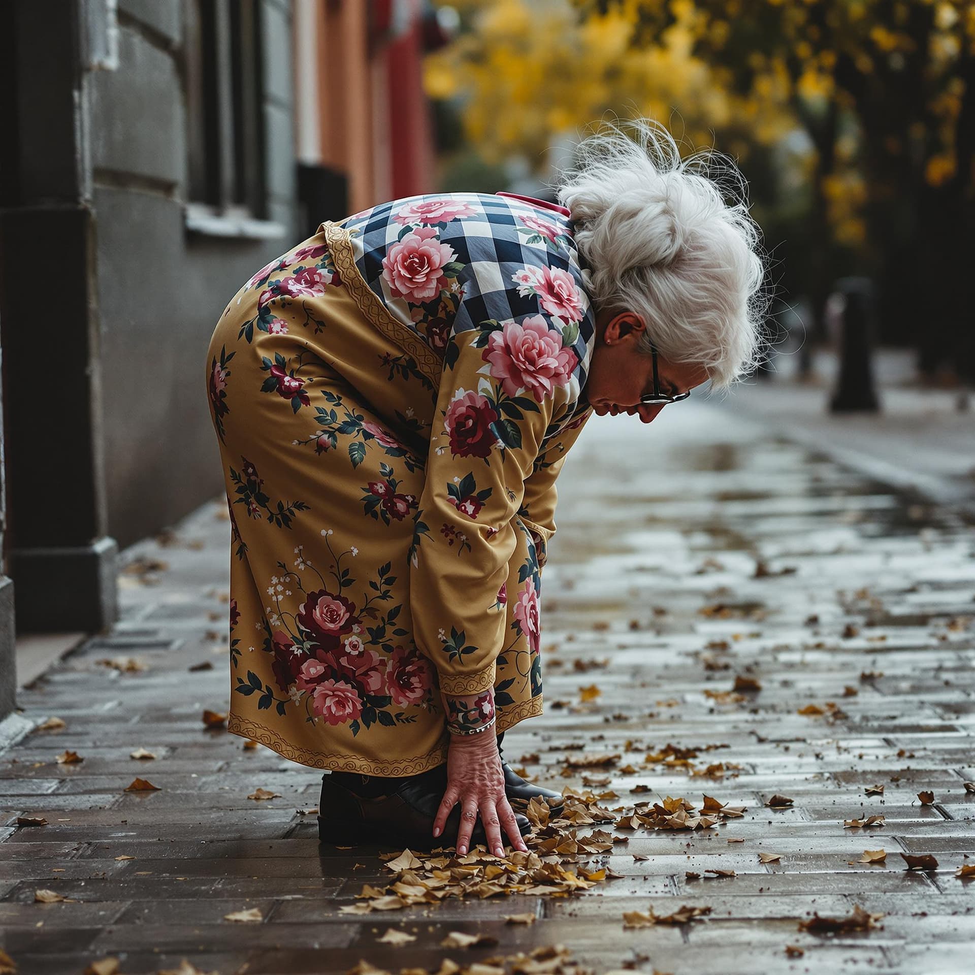 AI generated: wide angle, side angle, Russian mother age 55 bending down to change,
