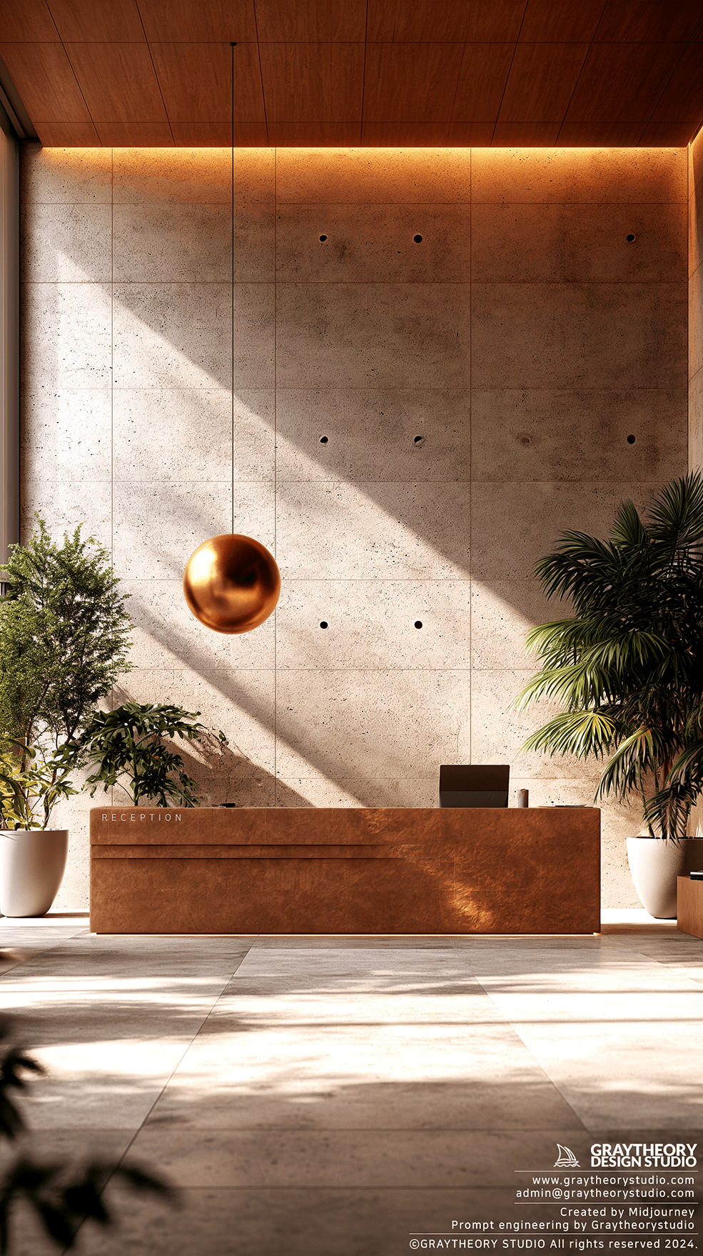 AI generated: sleek reception desk in a bright, open space, Sony Alpha 1, highlight the desk's modern aesthetic an...