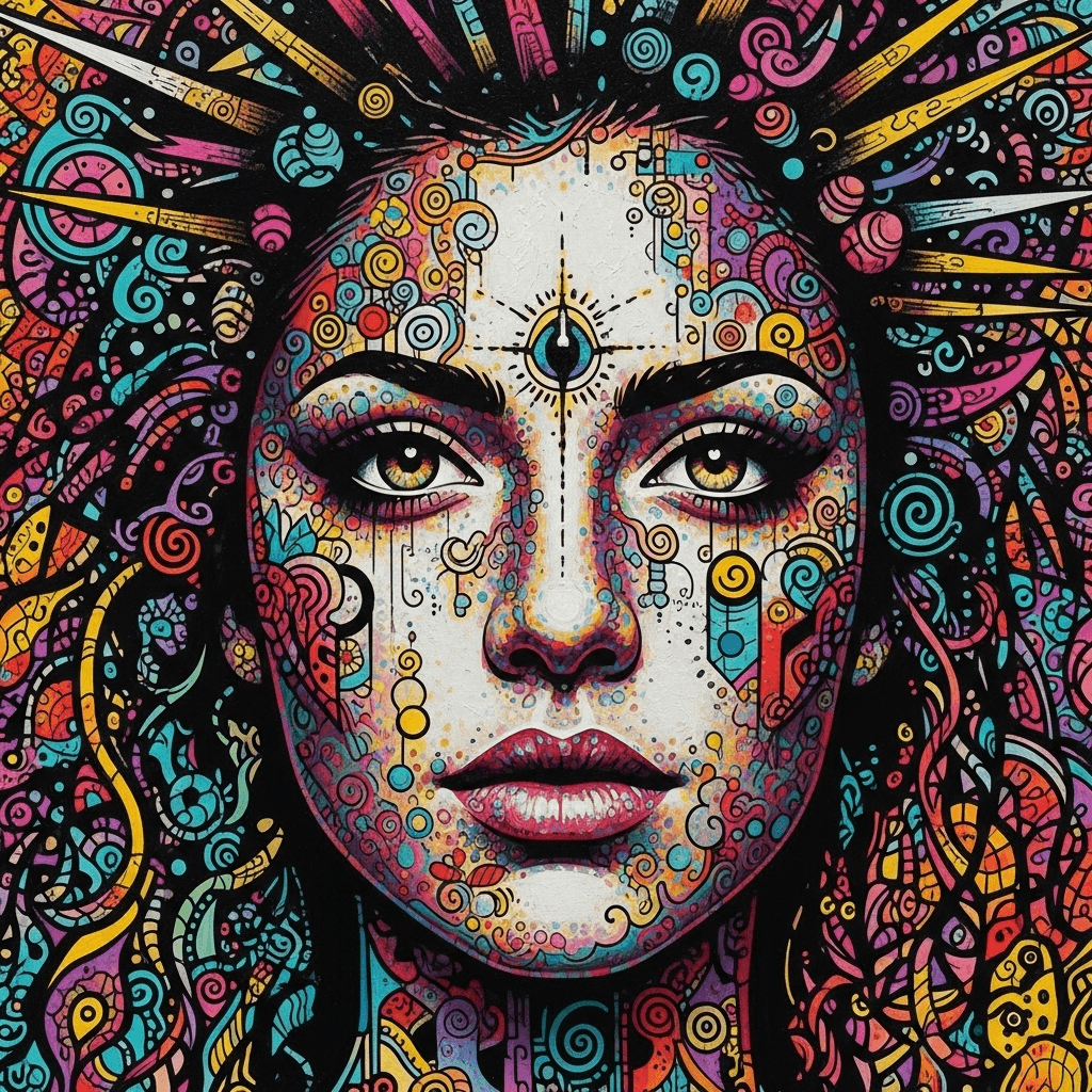 AI generated: 
A painting with several colors in her beautiful mixed eclectic face, in the style of lush and detai...