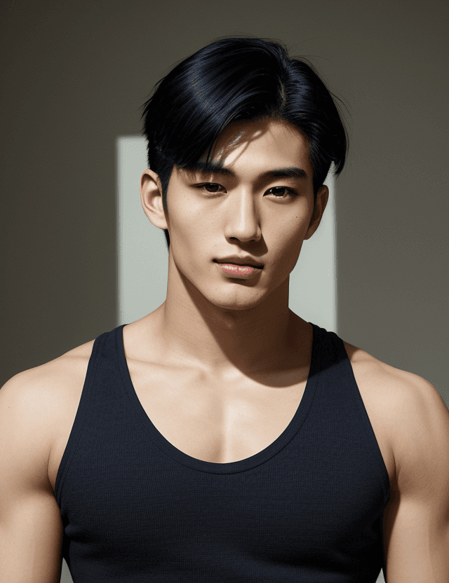 AI generated: A photorealistic portrait of a beautiful 24-year-old Japanese male model, masterpiece, smirk, very s...