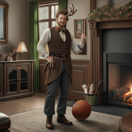 AI generated: High resolution image, a Leprechaun leaning on a cane, standing by a fireplace, spinning a basketbal...