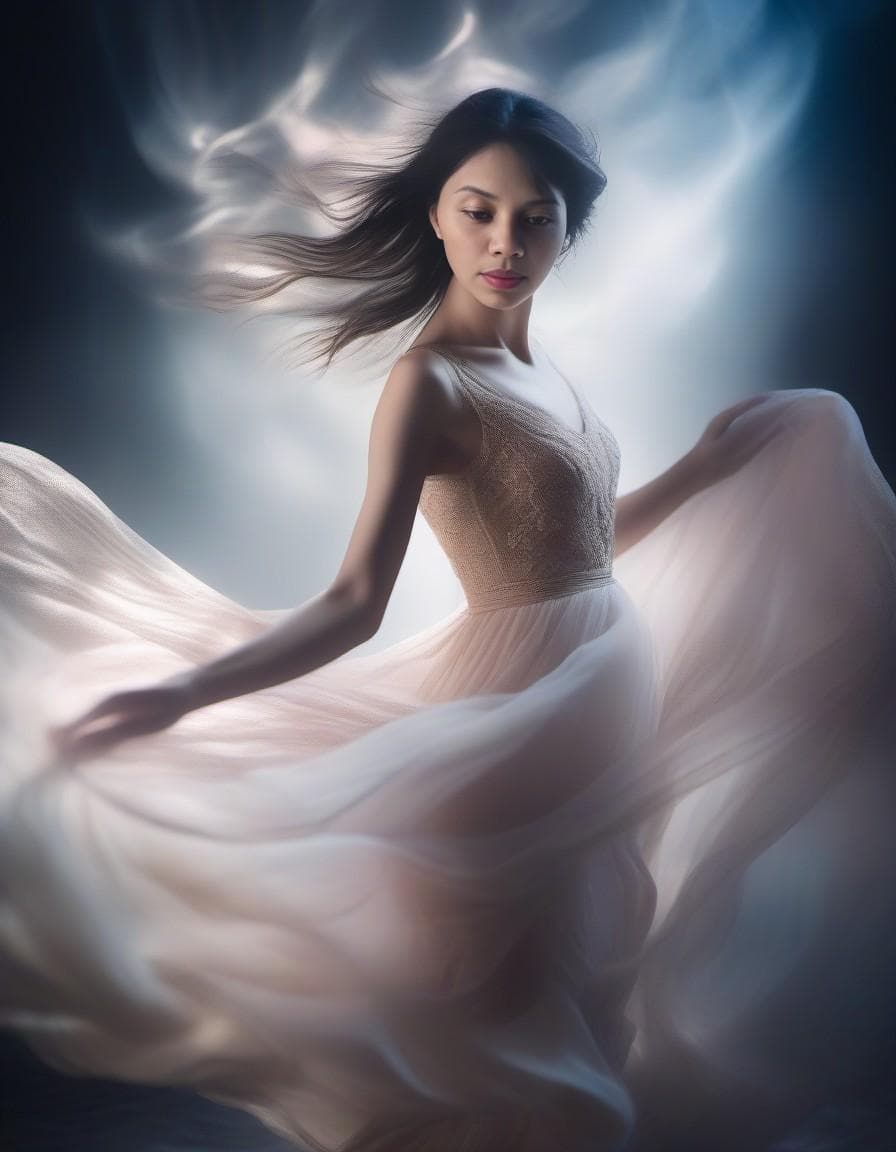 AI generated: Ethereal beauty, soft pastel tones, backlighting, long exposure, flowing fabric, portrait of a dance...