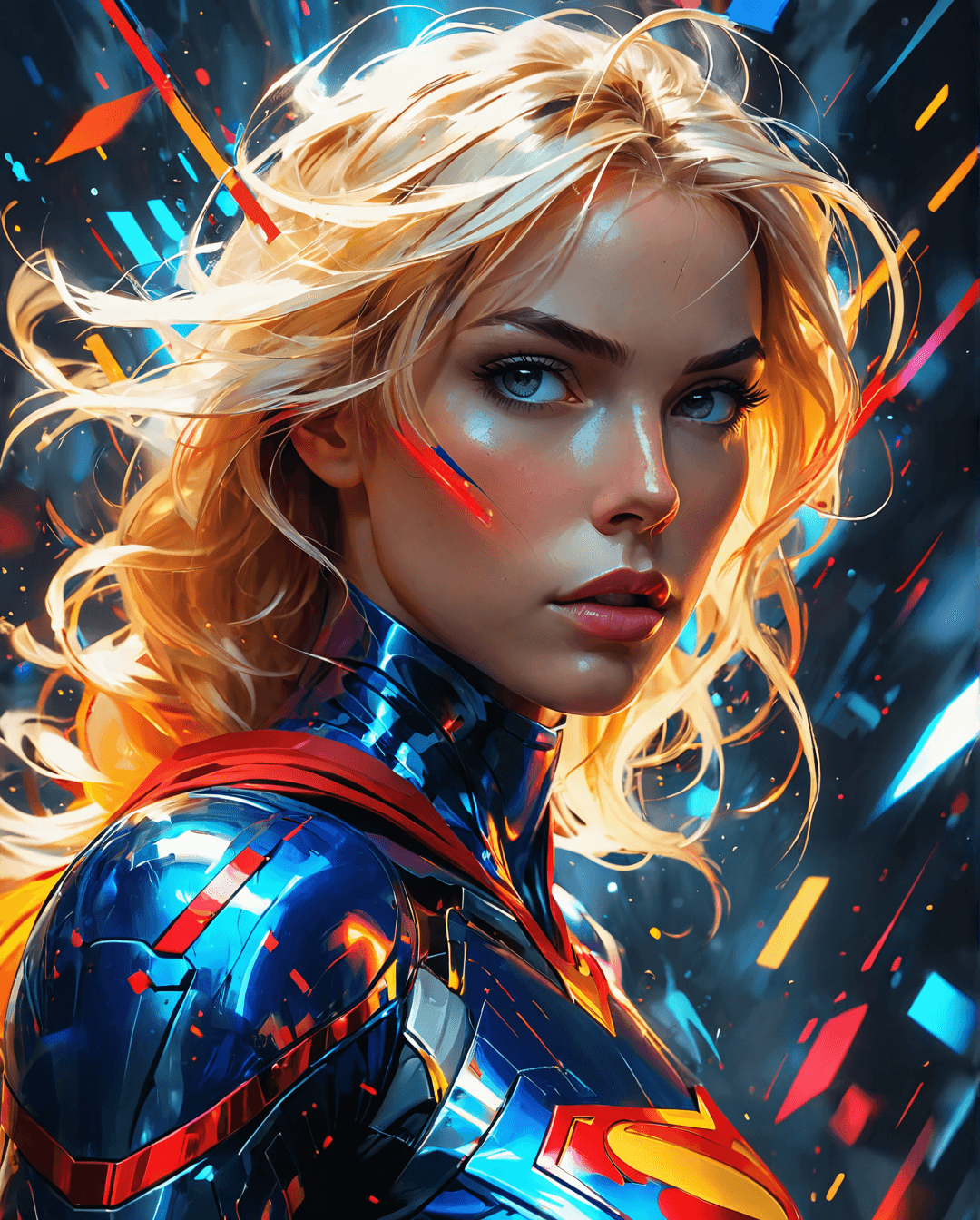 AI generated: Abstract Expressionism Art, a woman as Superwomen with blonde hair and intense gaze, in upright posi...