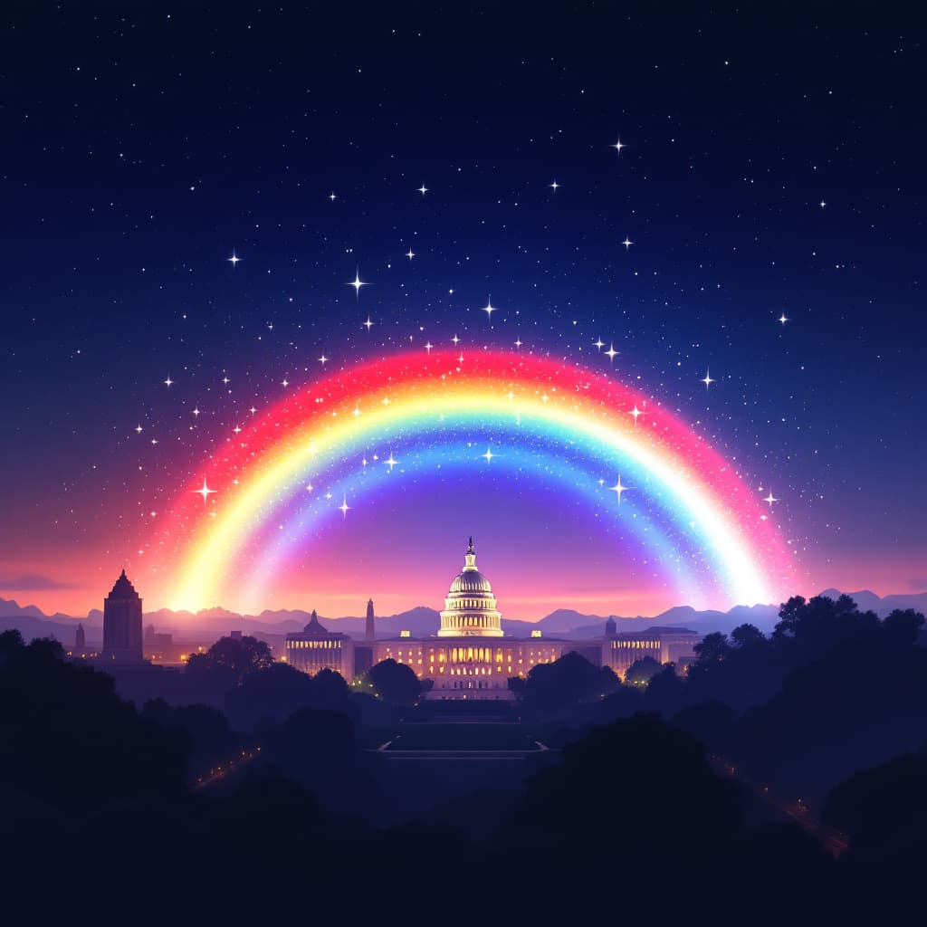 AI generated: only bold red bright white and deep blue in the shape of a rainbow arc, covered in sparkly stars, se...