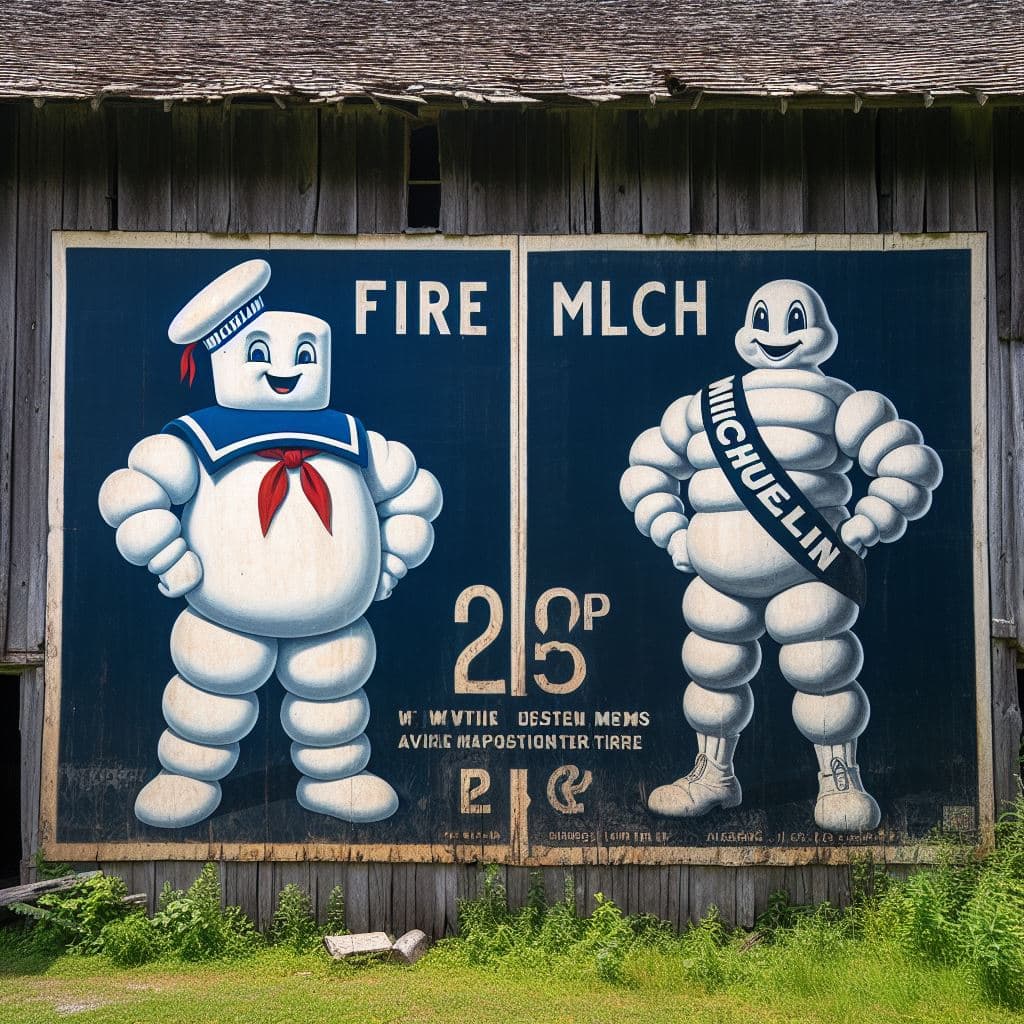 AI generated: (Marshmallow Man, 1. 5) vs (Michelin Man, 1. 5), early 20th century, tire advertisement,