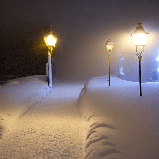 AI generated: snow in a white out storm at night.
ice crystals in the air.
a small golden porch light in the dista...