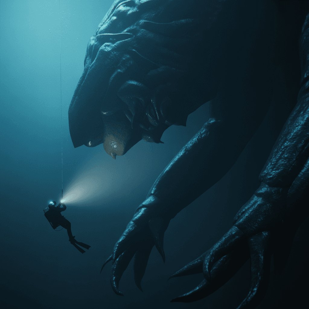 AI generated: A lone diver hovers in the crushing depths of the deep ocean abyss, surrounded by an infinite void w...