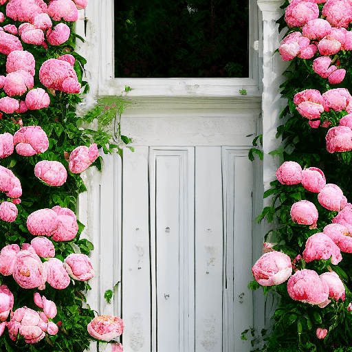 AI generated: --h 2160 --w 3840 a full size ornate pink door in a field of white and pink peonies and roses. Paste...