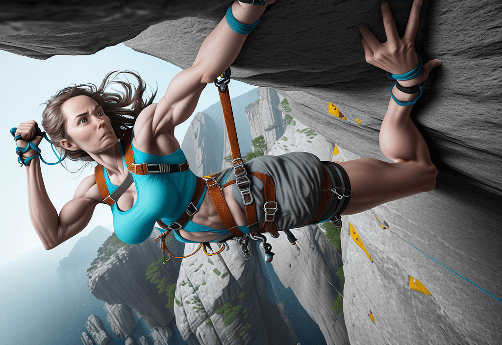 AI generated: Craft a hyper-realistic image of a woman rock climbing, captured from a top-down perspective that ac...