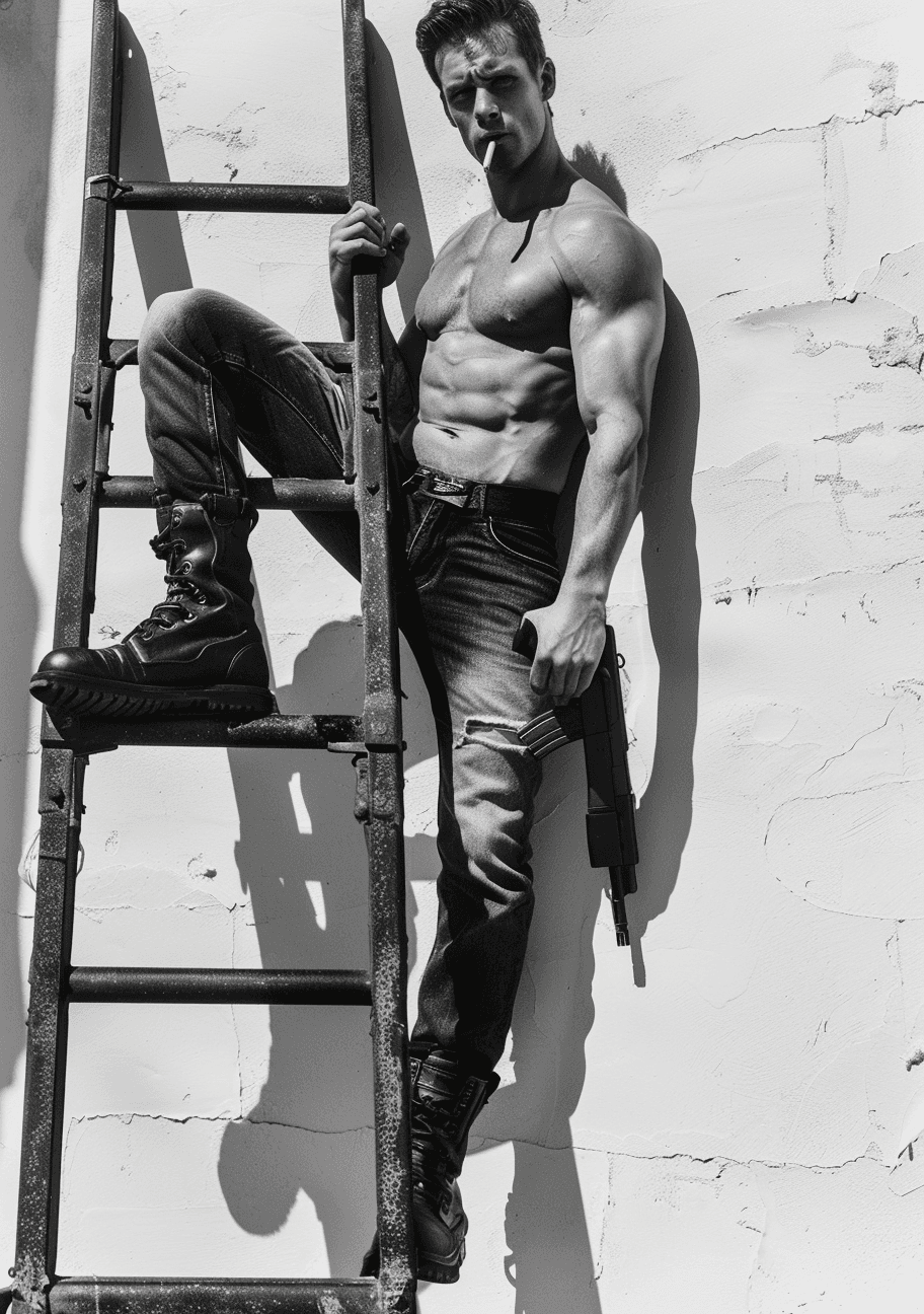 AI generated: full body shot of Paul Ancherino as James Bond wearing jeans and black boots, holding an Uzi gun in ...